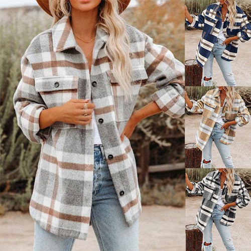 Damen Karierte Flanelljacke mit Lässigem Schnitt und Aufgesetzten Taschen EB