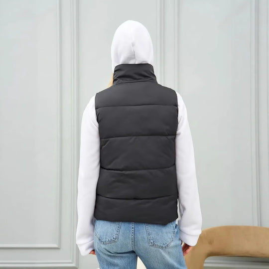 Damen elegante Steppweste mit hohem Kragen und praktischen Taschen EB
