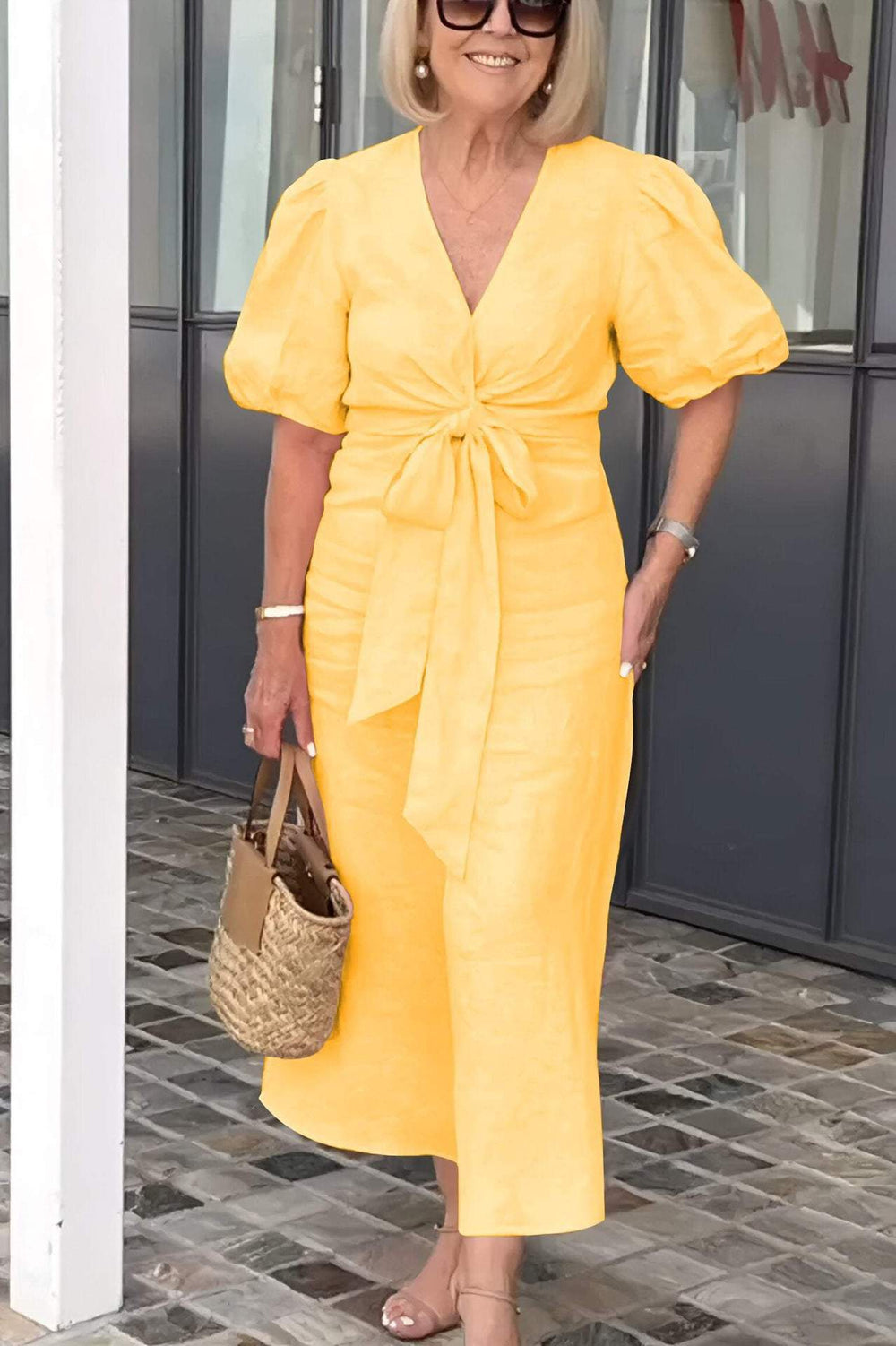 Damen Maxikleid mit eleganten Puffärmeln und Taillenknoten EB