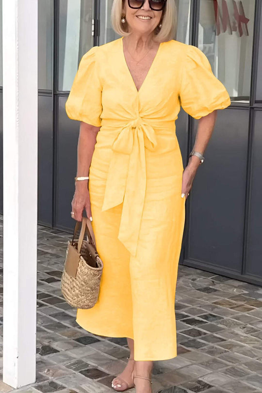 Damen Maxikleid mit eleganten Puffärmeln und Taillenknoten EB