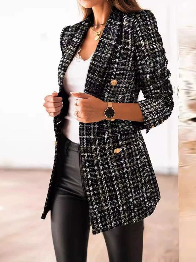 Damen Eleganter Tweed-Blazer mit doppelter Knopfreihe und strukturierter Textur EB