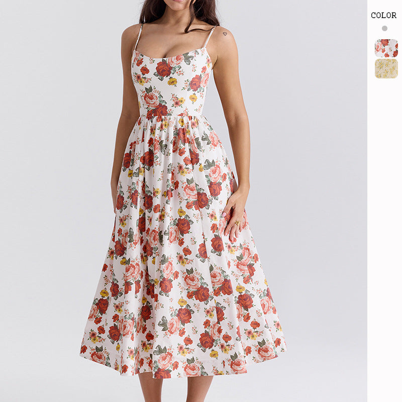 Damen Midi-Blumenkleid mit trägerlosem Stil und schwingendem Rock EB