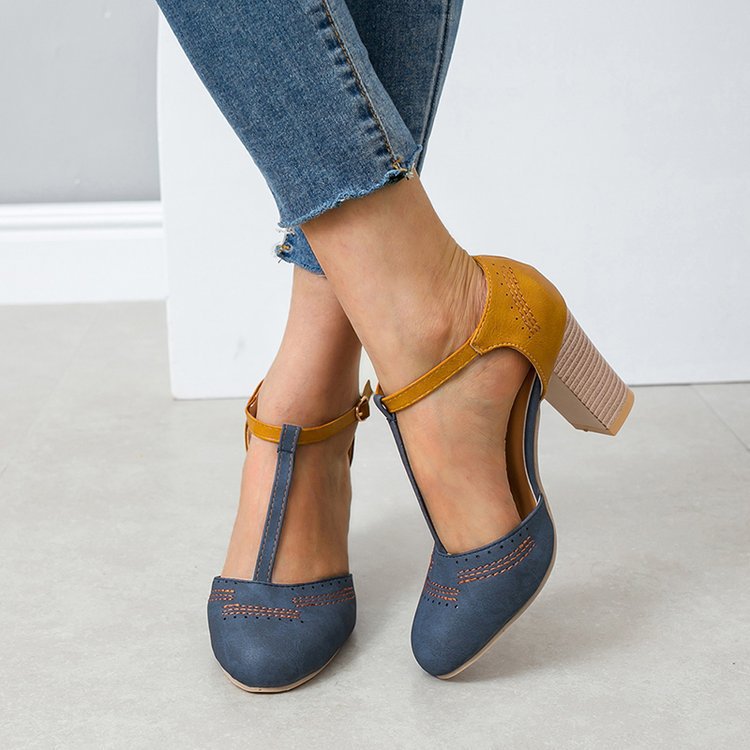 Damen T‑Strap Pumps mit mittelhohem Blockabsatz und dekorativer Ziernaht EB