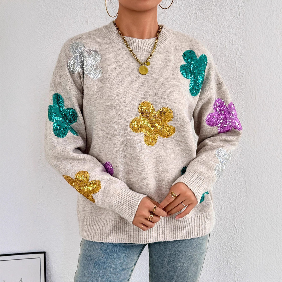 Damen Strickpullover mit glitzernden Blütenapplikationen EB