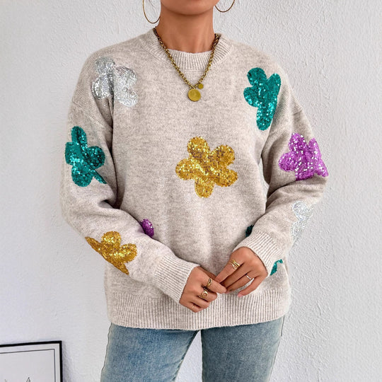Damen Strickpullover mit glitzernden Blütenapplikationen EB