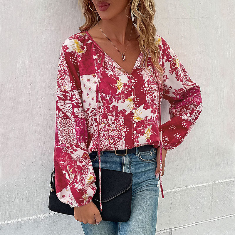 Damen Bluse mit floralem Design und modischer Knotenoptik EB