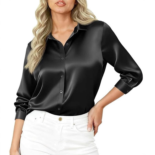 Damen Seidiges Satin-Blusenshirt mit Hemdkragen und dreiviertel Ärmeln EB