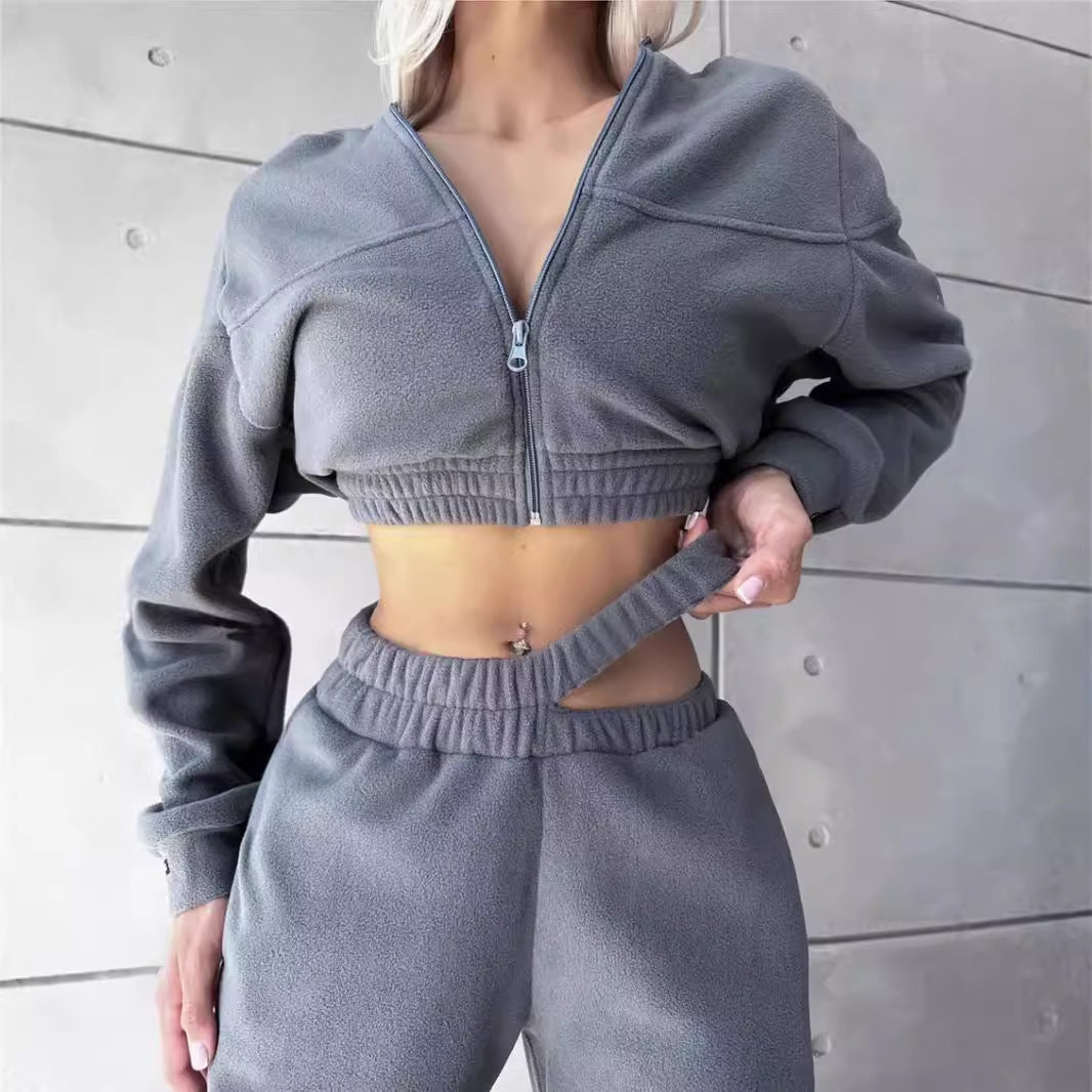 Damen Cropped Fleece-Set mit kurzem Zip-Hoodie und hoher Taillen-Jogginghose EB