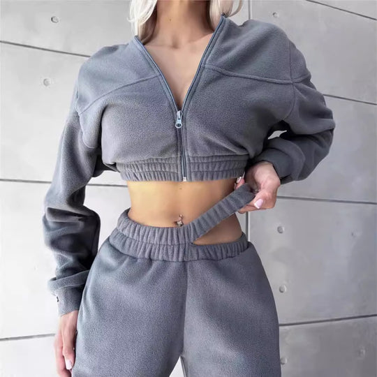 Damen Cropped Fleece-Set mit kurzem Zip-Hoodie und hoher Taillen-Jogginghose EB