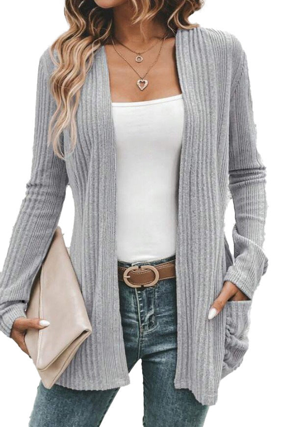 Damen modische Strickjacke mit offenen Front und praktischen Taschen EB