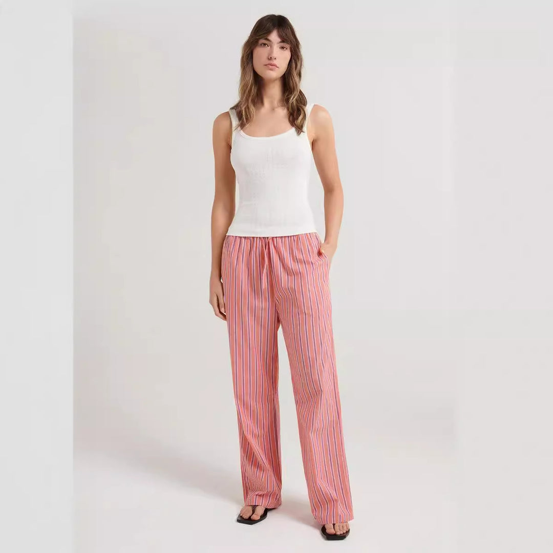 Damen lässige bequeme Schlafhose aus leichtem Baumwollstoff mit eleganten Streifen EB