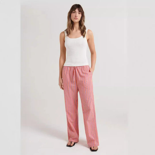 Damen lässige bequeme Schlafhose aus leichtem Baumwollstoff mit eleganten Streifen EB