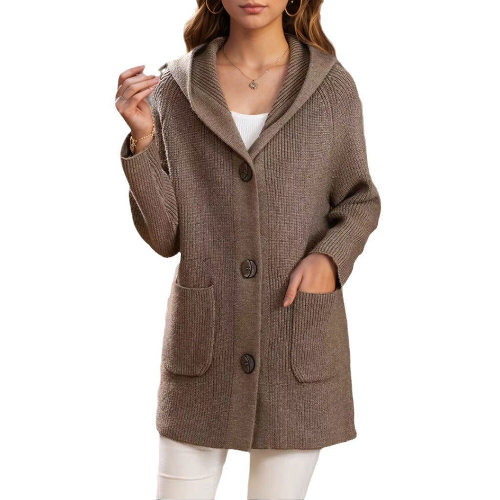 Damen nan lange gerippte Kapuzen-Strickjacke mit aufgesetzten Taschen und markanten Knöpfen EB