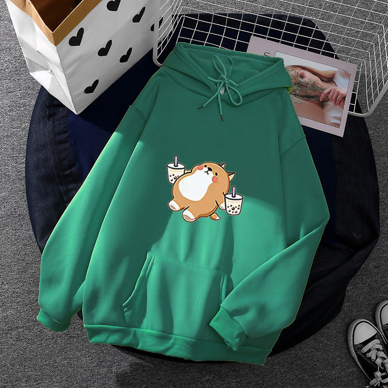 Damen nan niedlicher Kapuzenpullover mit Kängurutasche, oversized Schnitt und Bubble‑Tea Corgi-Print EB