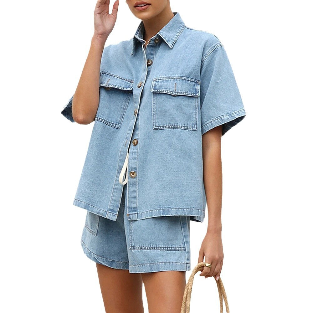 Damen lässige Kurzarm-Jeansbluse mit passender Shorts EB
