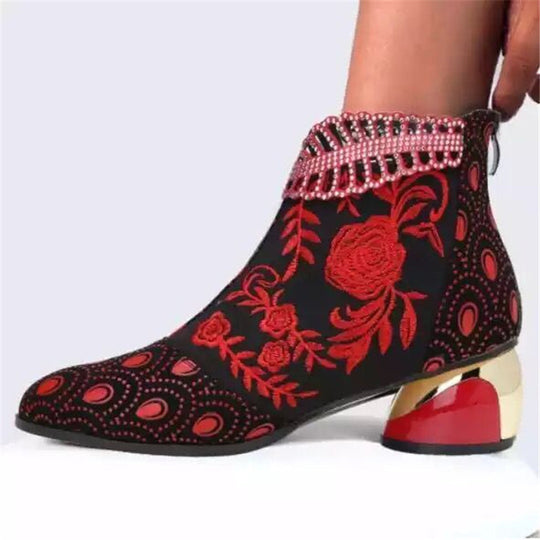 Damen nan bestickte Ankle-Boots mit Samteinsatz Perlenbesatz und skulptiertem Blockabsatz EB