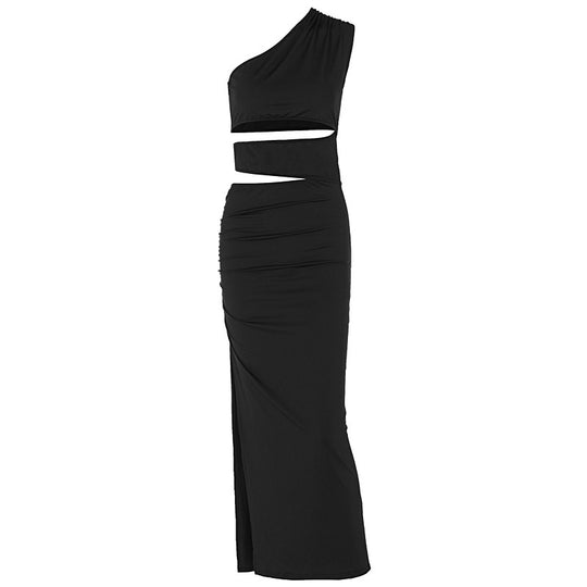 Damen asymmetrisches Maxikleid mit Rüschen und hohem Seitenschlitz EB