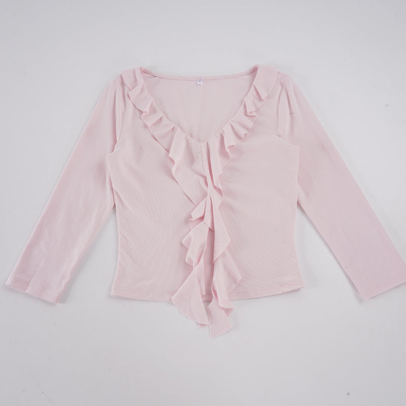 Damen nan tailliertes Langarmshirt mit tiefem V-Ausschnitt und eingesetzter Volant-Rüsche EB