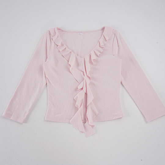 Damen nan tailliertes Langarmshirt mit tiefem V-Ausschnitt und eingesetzter Volant-Rüsche EB