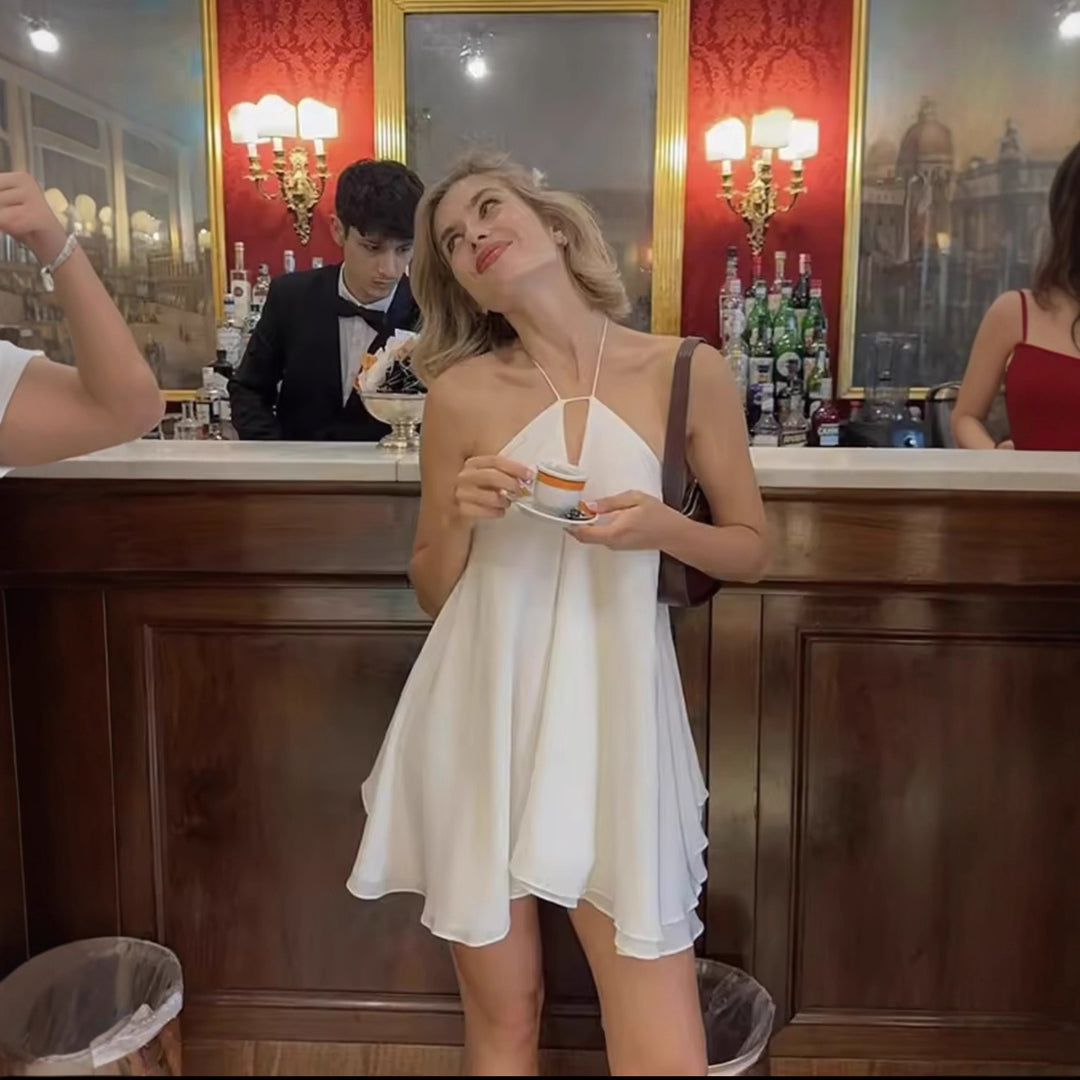 Damen luftiges Chiffonkleid mit tiefem V-Ausschnitt und verstellbaren Trägern EB
