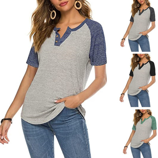 Damen lässiges Kurzarm-Henley-Shirt mit Knopfleiste EB