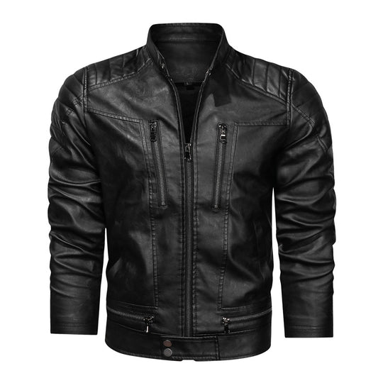 Herren Motorrad-inspirierte Lederoptikjacke mit Stehkragen und Ziernähten EB