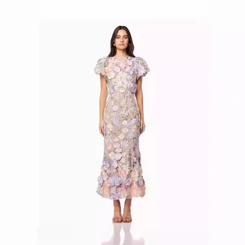 Damen Blumenkleid mit 3D-Blütenapplikationen EB