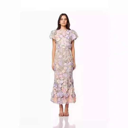Damen Blumenkleid mit 3D-Blütenapplikationen EB