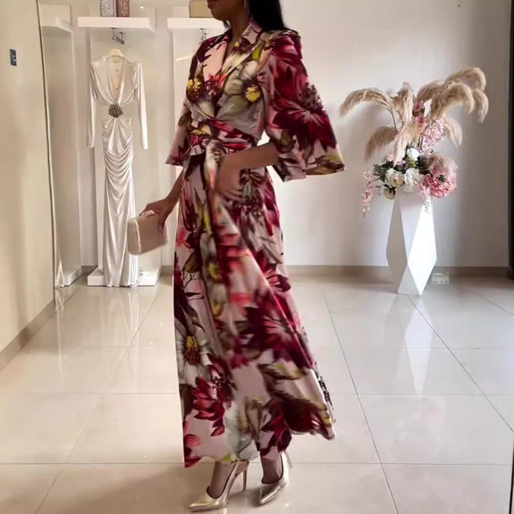 Damen Maxikleid mit eleganter Blütenoptik und großzügigen Ärmeln Heidi-Mode