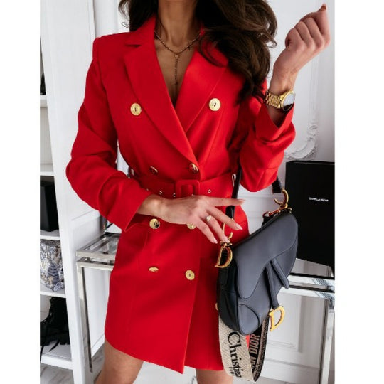 Damen doppelt knopf-beschichtetes Gürtel Mini Blazer Kleid EB