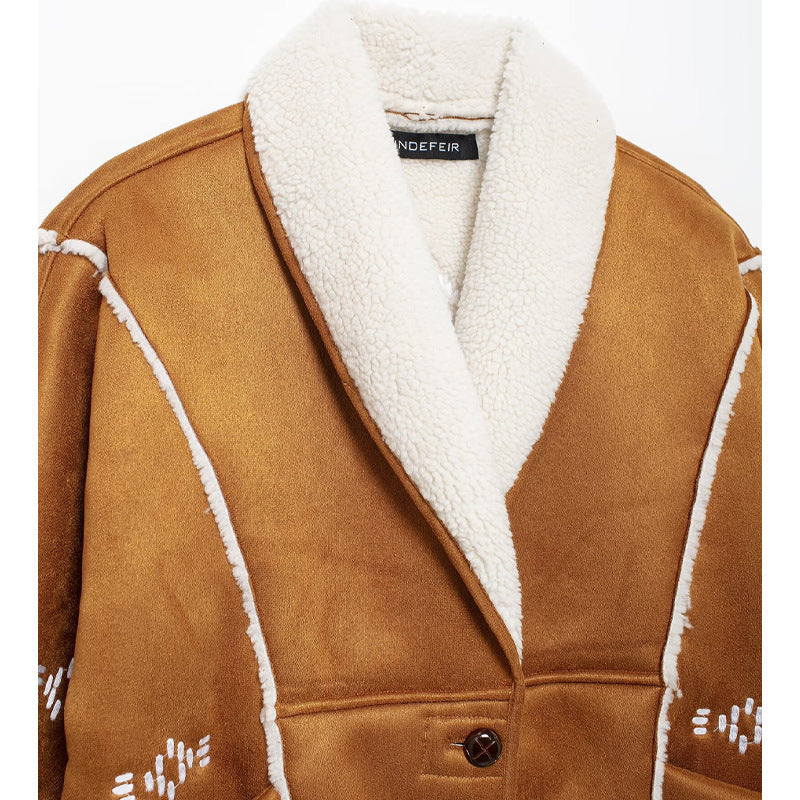 Damen modische Jacke mit gestickt und eleganter Teddykragen EB