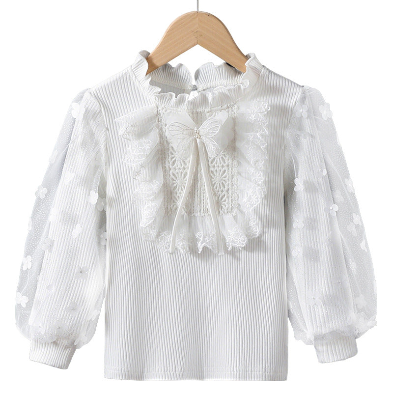 Mädchen Rüschenbluse mit floralen Applikationen und transparenten Ärmeln EB