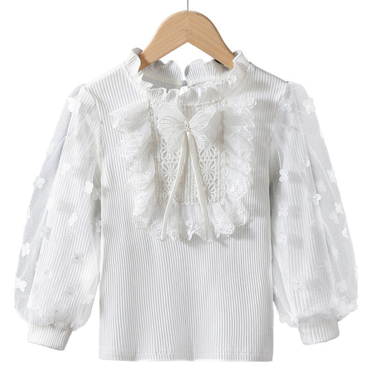 Mädchen Rüschenbluse mit floralen Applikationen und transparenten Ärmeln EB