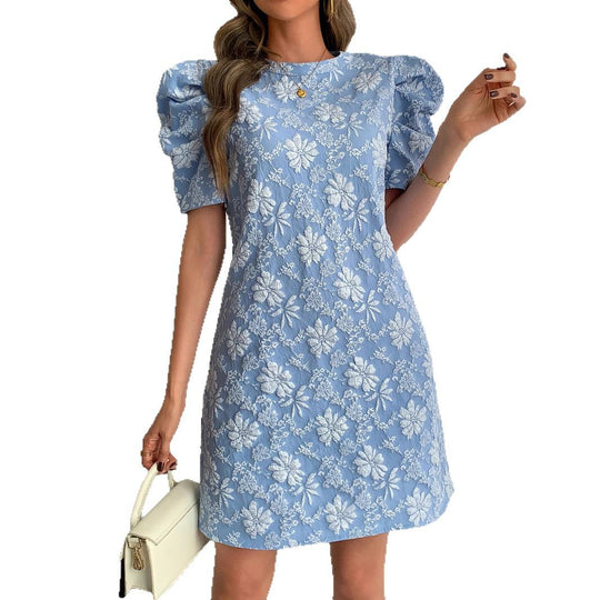 Damen nan florales Jacquard-Minikleid mit gestuften Puffärmeln EB