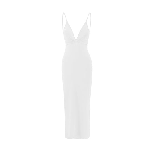 Damen elegantes Maxikleid mit tiefem V-Ausschnitt und zarten Spaghetti-Trägern EB