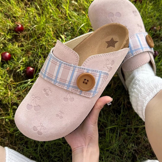 Damen Clogs mit modischem Karodesign und dekorativer Knopfdetails EB
