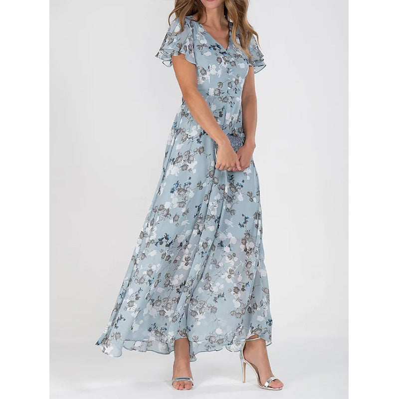 Damen Maxikleid mit floralem Chiffon-Stoff und transparenten Ärmeln EB