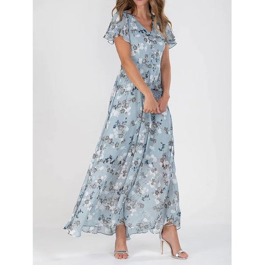 Damen Maxikleid mit floralem Chiffon-Stoff und transparenten Ärmeln EB