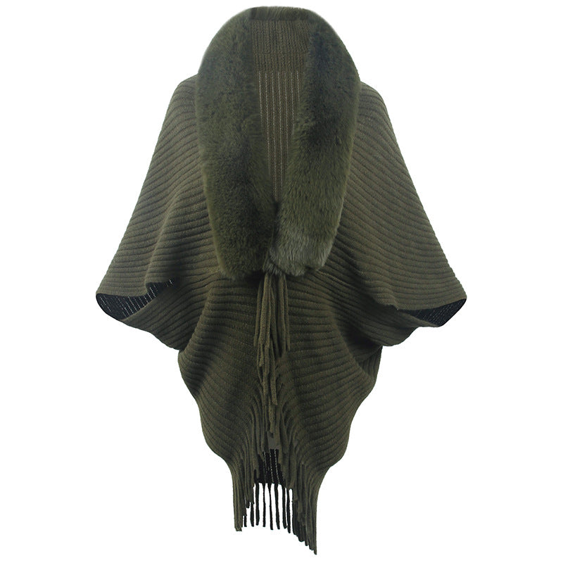 Damen luxuriöser Strickponcho mit elegantem Kunstfellkragen und Fransen EB
