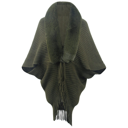 Damen luxuriöser Strickponcho mit elegantem Kunstfellkragen und Fransen EB