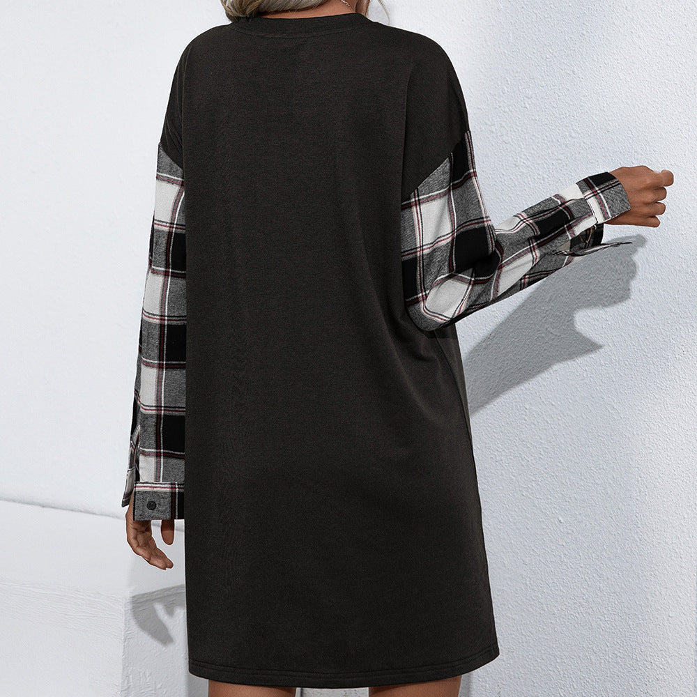 Damen lässiges Sweatshirt-Kleid mit karierten Ärmeln EB