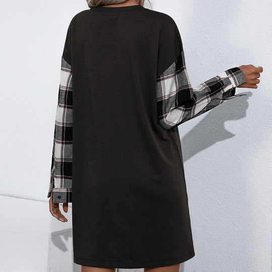 Damen lässiges Sweatshirt-Kleid mit karierten Ärmeln EB