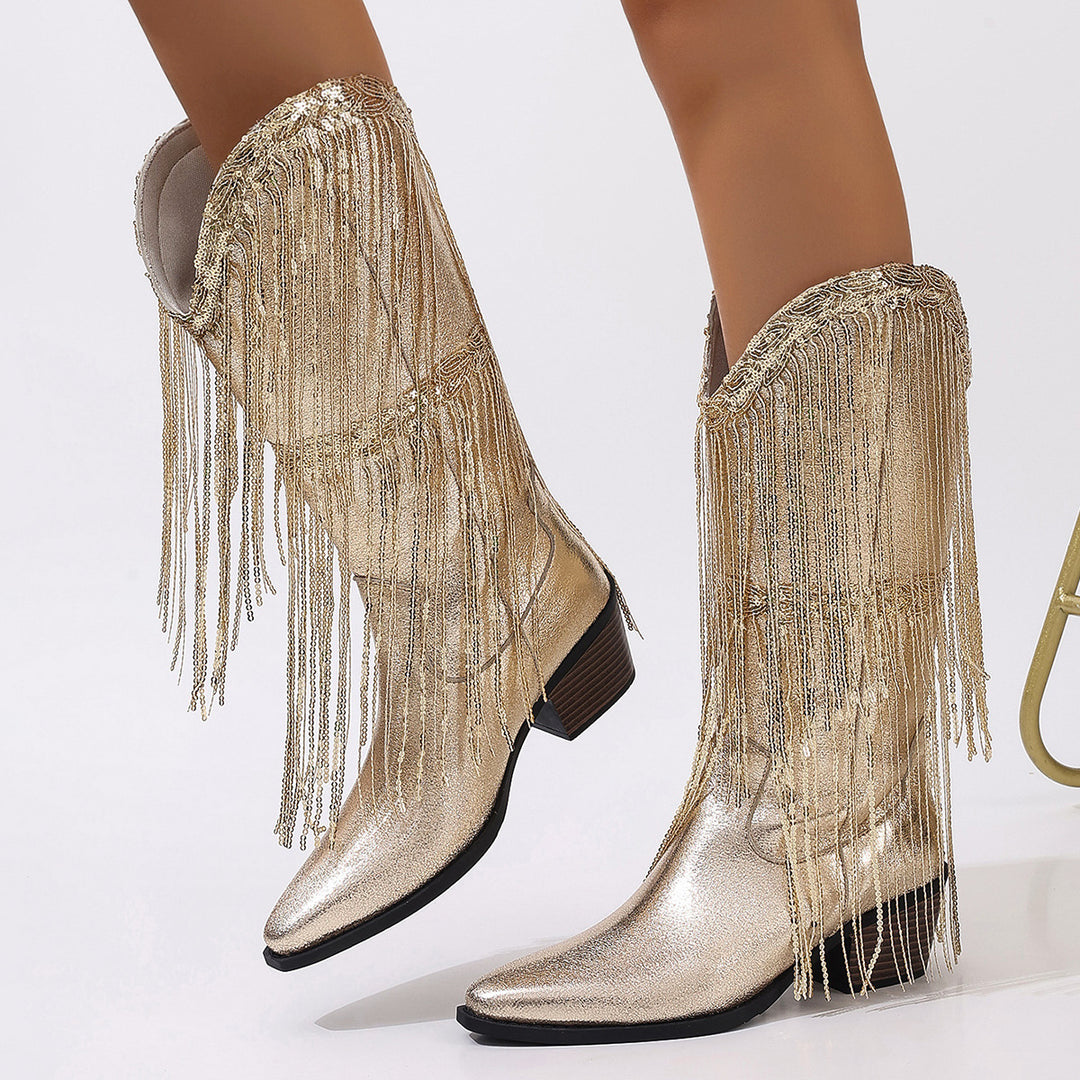 Damen kniehohe Fransen-Cowboystiefel mit feiner Perlenfransen-Verzierung und geformtem Blockabsatz EB
