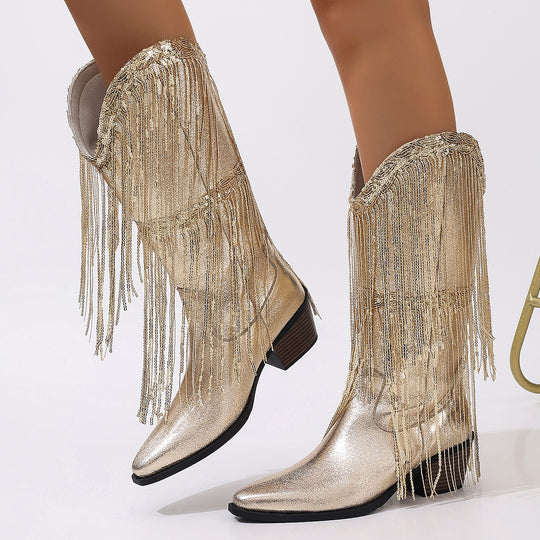 Damen kniehohe Fransen-Cowboystiefel mit feiner Perlenfransen-Verzierung und geformtem Blockabsatz EB