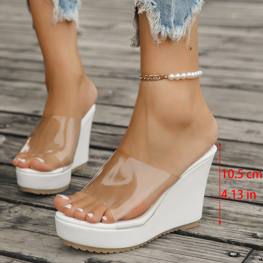 Damen nan transparente Mules mit PVC-Deckriemen, hohem Keilabsatz und rutschfester Laufsohle EB