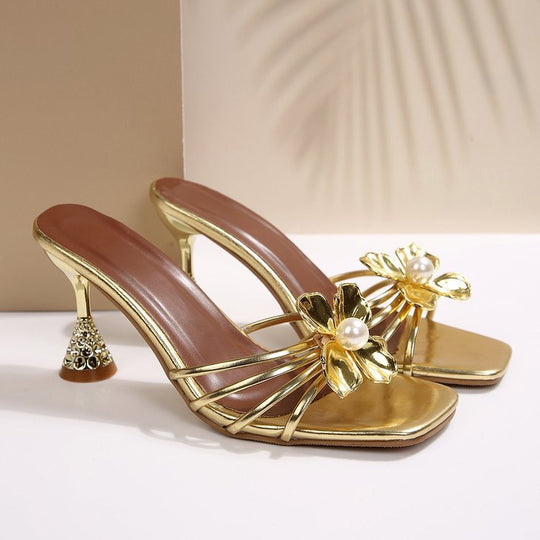 Damen Sandaletten mit floralem Design und elegantem Glasklauen-Absatz EB