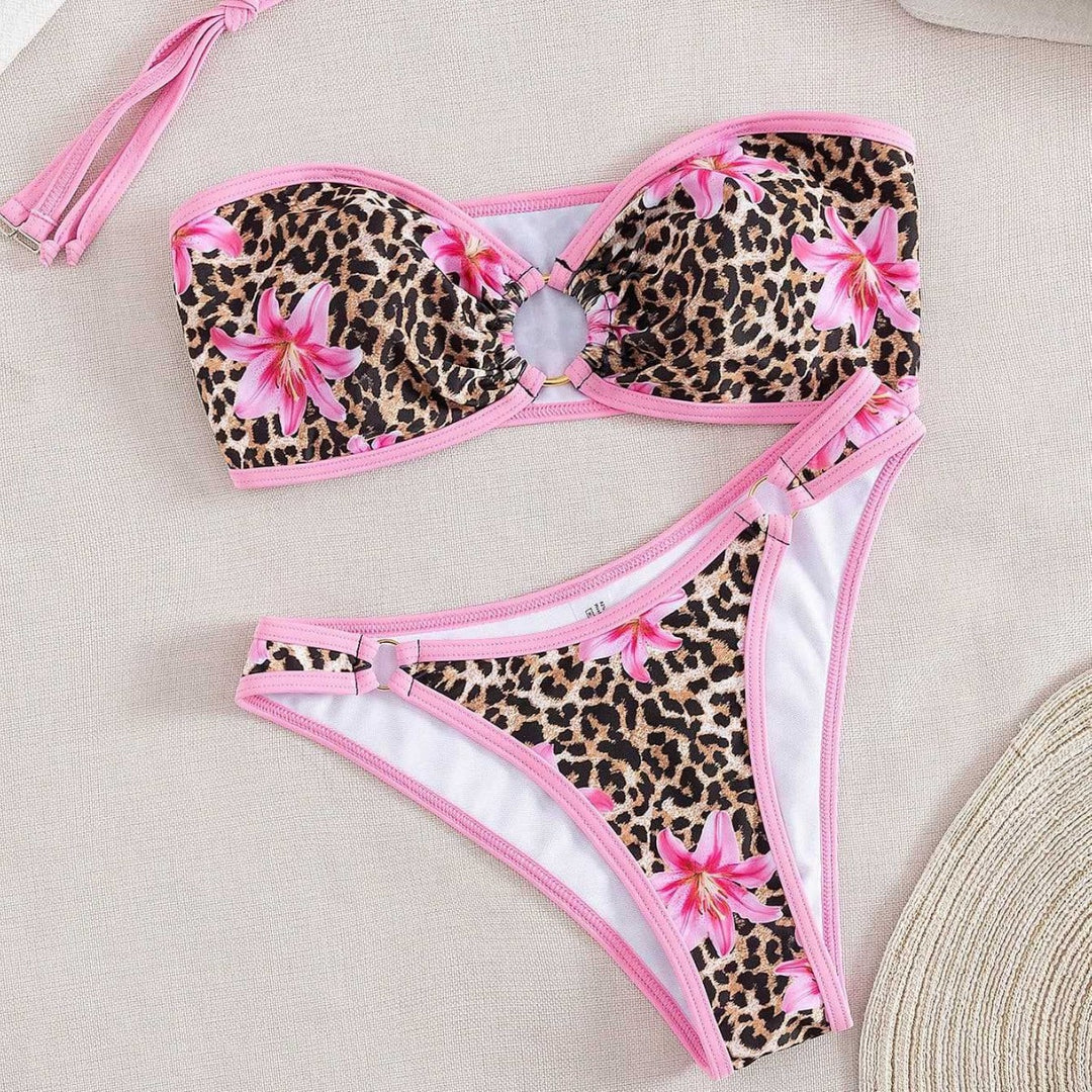 Damen Bandeau-Bikini mit modischem Leopardenmuster und dekorativen Ringuhr EB
