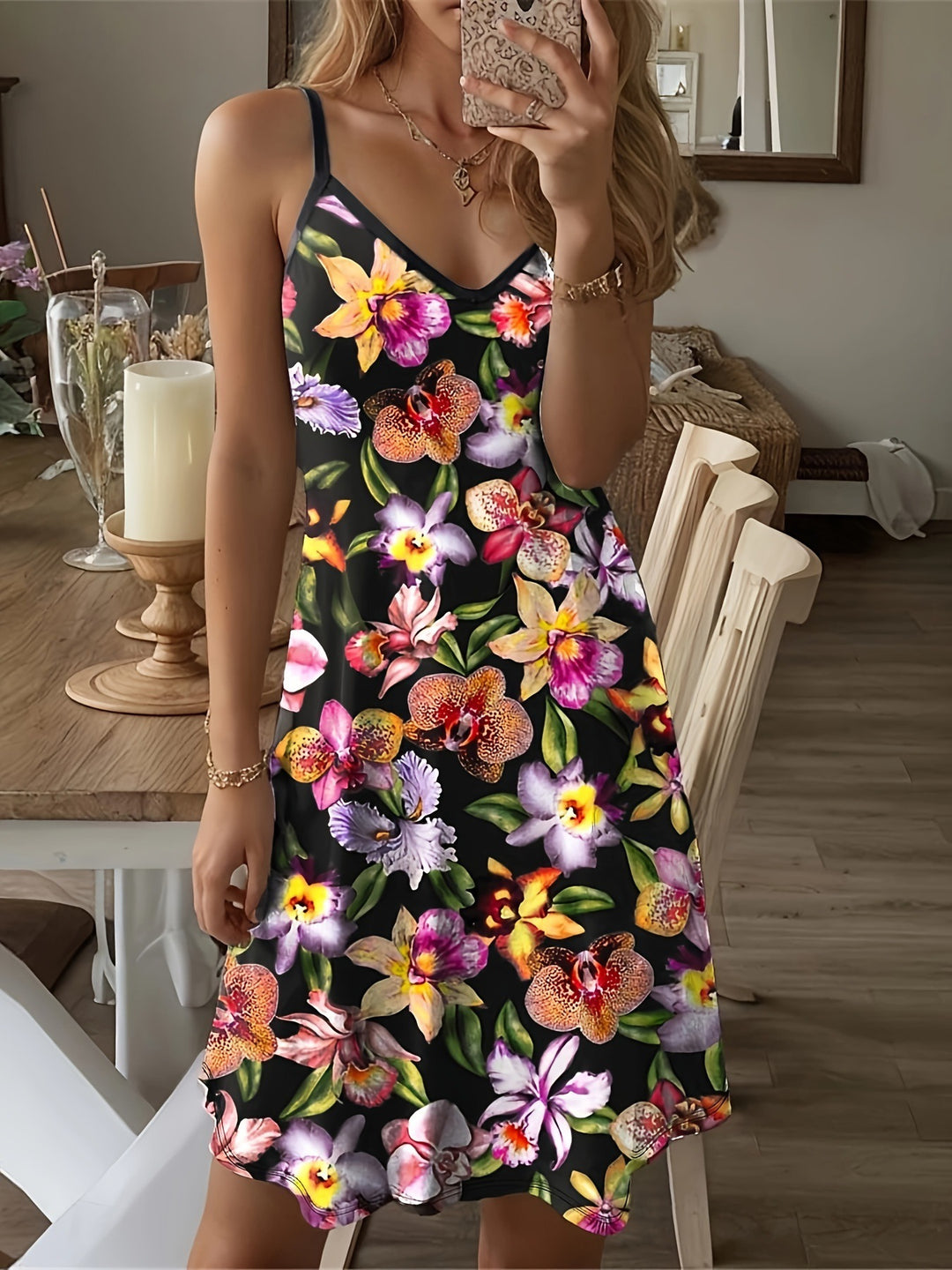 Damen Spaghettiträger Kleid mit elegantem floralem Design EB