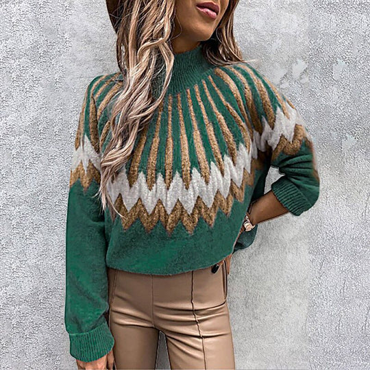 Damen Modischer Grobstrickpullover mit grafikintensivem Design und hohen Kragen EB