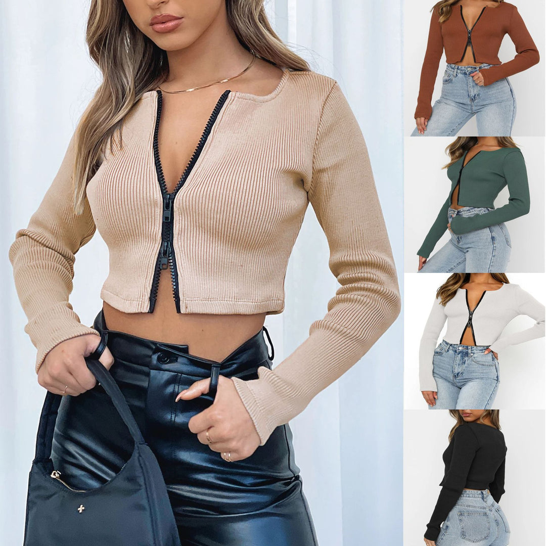 Damen modische Cropped Jacke mit Reißverschluss EB